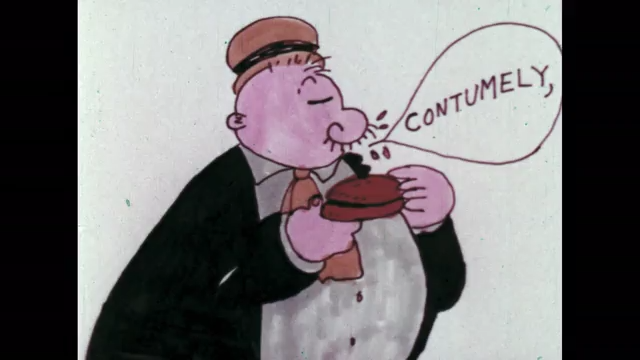 animation still of the character Wimpy from the cartoon Popeye with the word "contumely" in a speech bubble